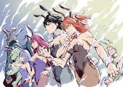  2boys 3girls animal_ears bandaid bandaid_on_face black_hair blonde_hair blue_hair braid breasts demon detached_collar fate/grand_order fate_(series) fujimaru_ritsuka_(female) fujimaru_ritsuka_(male) glasses jeancle_abel_meuniere large_breasts long_hair male_playboy_bunny medea_(fate) medium_breasts monster multiple_boys multiple_girls munaage official_alternate_costume pantyhose playboy_bunny pointy_ears purple_hair rabbit_ears rabbit_tail scathach_(fate) scathach_(piercing_bunny)_(fate) side_ponytail signature tail toned wrist_cuffs 