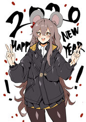  :d absurdres animal_ears banssee black_pantyhose blush commentary_request double_v female girls&#039;_frontline grey_hair hair_between_eyes highres hood hooded_jacket jacket korean_commentary long_hair looking_at_viewer mouse_ears official_alternate_costume open_mouth pantyhose pleated_skirt shell_jacket skirt smile solo ump45_(girls&#039;_frontline) ump45_(winter_journey)_(girls&#039;_frontline) v yellow_eyes 