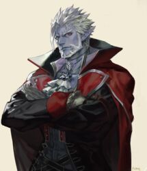  1boy bad_id bad_pixiv_id blue_skin cape closed_mouth colored_skin cross cross_necklace crossed_arms ear_piercing facial_mark frills frischenq gilzaren_iii gilzaren_iii_(1st_costume) gloves jewelry male_focus necklace nijisanji piercing pointy_ears red_eyes signature simple_background solo spiked_hair vampire virtual_youtuber white_gloves white_hair yellow_background 