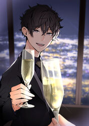  1boy 1other :d alcohol bishounen black_hair black_jacket blurry blurry_background blush champagne collared_shirt commentary_request cup depth_of_field doromame grey_eyes hair_between_eyes highres holding holding_cup indoors jacket long_sleeves looking_at_viewer male_focus nakiri_asahi necktie open_mouth pov shirt shokugeki_no_souma short_hair smile solo_focus upper_body 