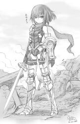  aeternoblade armor bodysuit breasts closed_mouth dated female full_body gloves greyscale highres looking_at_viewer medium_hair monochrome oyster_(artist) scarf solo sword weapon 