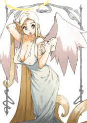  :o absurdly_long_hair angel angel_wings blue_eyes book breasts cleavage covered_nipples curled_ends dress female halo hand_in_own_hair highres holding holding_book huge_breasts leaning_forward long_dress long_hair meta open_mouth original recursion solo very_long_hair vins-mousseux white_dress wings 