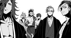  6+boys alternate_hairstyle commentary_request doudanuki_masakuni eyepatch greyscale hair_over_one_eye japanese_clothes male_focus monochrome multiple_boys nansen_ichimonji nihongou_(touken_ranbu) off_shoulder oodenta_mitsuyo pectoral_cleavage pectorals sanchoumou scar shokudaikiri_mitsutada sunglasses tattoo touken_ranbu upper_body yuuki_(yukko7474) 