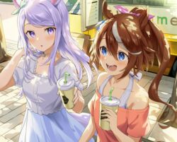  2girls animal_ears anthro blue_eyes blush bow brown_hair choker cropped curcumin drink long_hair mejiro_mcqueen ponytail purple_eyes purple_hair skirt tail tokai_teio uma_musume:_pretty_derby 