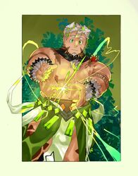  1boy animal_ears arm_tattoo bara body_fur bulge chest_hair dog_boy dog_ears energy facial_hair falling_leaves feet_out_of_frame gao_(gao_53937056) giant giant_male glowing goatee gomeisa_(live_a_hero) green_eyes grey_hair hands_up highres leaf live_a_hero male_focus muscular muscular_male pectorals pelvic_curtain short_hair smile solo standing tattoo topless_male tree tribal tribal_tattoo wind 