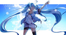  :d absurdly_long_hair ahoge asymmetrical_legwear asymmetrical_shorts bike_shorts black_legwear black_shorts blue_eyes blue_hair blue_jacket character_name collarbone cowboy_shot female floating_hair hair_between_eyes hatsune_miku highres hood hood_down hooded_jacket jacket letterboxed long_hair md5_mismatch open_clothes open_jacket open_mouth shirt short_shorts short_sleeves shorts single_thighhigh smile solo the0neulost thighhighs twintails uneven_legwear very_long_hair vocaloid white_shirt 