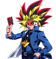  1boy anime_coloring belt black_hair blonde_hair blue_jacket card domino_high_school_uniform evil_smile hand_in_pocket highres holding holding_card jacket jewelry long_sleeves male_focus millennium_puzzle multicolored_hair necklace official_style pants red_eyes red_hair rom_(20) school_uniform simple_background smile solo upper_body white_background yami_yugi yu-gi-oh! yu-gi-oh!_(toei) 