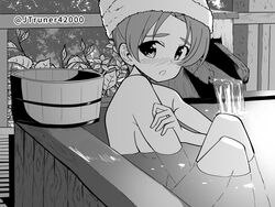  bath blush breasts bucket commentary covering_breasts covering_privates female frown girls_und_panzer greyscale hair_up looking_at_viewer monochrome nude ofuro one-hour_drawing_challenge open_mouth orange_pekoe_(girls_und_panzer) parted_bangs partially_submerged plant rebirth42000 short_hair sideboob sitting solo towel towel_on_head twitter_username water 