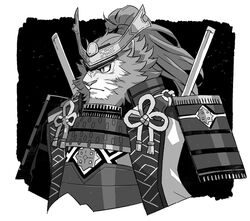  anthro armor felid hair laminar_armor lifewonders lion live_a_hero long_hair male mammal mane mane_hair monochrome muscular muscular_anthro muscular_male pantherine ponytail samurai scarf solo toshu warrior yow 