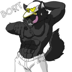  1:1 abs alpha_channel anthro black_body black_fur black_nose bort_(gabshiba) bottomwear canid canine canis chest_tuft clothed clothing domestic_dog fur gab_(comic) gesture hand_behind_head hand_gesture hat headgear headwear licking licking_lips licking_own_lips looking_at_viewer male mammal muscular muscular_anthro muscular_male open_mouth pants pointing pointing_down seiferwolfdragon self_lick simple_background solo standing tamaskan_dog tongue tongue_out topless transparent_background tuft white_bottomwear white_clothing white_hat white_headwear white_pants yellow_eyes 