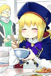  1boy artoria_caster_(fate) artoria_caster_(second_ascension)_(fate) artoria_pendragon_(fate) bags_under_eyes blonde_hair bow bowl cape chopsticks closed_eyes commentary eating fate/grand_order fate_(series) female food full_mouth glasses hat highres jeancle_abel_meuniere neck_brace tochi_keisuke tray 