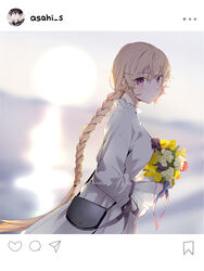  bag black_hair blonde_hair bouquet braid breasts character_name commentary_request crossed_bangs doromame female flower from_side hair_ornament hairclip highres holding holding_bouquet jacket long_braid long_hair long_sleeves looking_at_viewer medium_breasts nakiri_asahi nakiri_erina purple_eyes shokugeki_no_souma short_hair solo_focus sunset upper_body very_long_hair white_jacket yellow_flower 