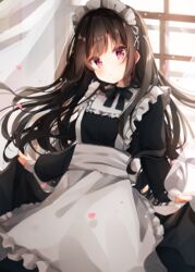  absurdres apron black_bow black_bowtie black_hair blush bow bowtie commentary curtains female frilled_apron frills heripiro highres indoors long_hair long_sleeves looking_at_viewer maid maid_headdress original parted_lips petals pink_eyes skirt_hold solo white_apron window 