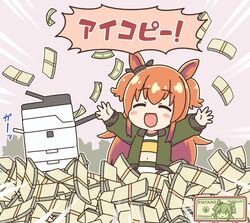  animal_ears arms_behind_back arms_up banknote blush bomber_jacket closed_eyes crop_top female horse_ears horse_girl jacket kurororo_rororo mayano_top_gun_(umamusume) midriff money navel open_mouth orange_hair photocopier simple_background solo translated umamusume 