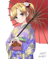  alternate_costume artist_name bad_id bad_twitter_id blonde_hair blue_eyes blush dated female flower hair_flower hair_ornament highres holding japanese_clothes kantai_collection kimono kurage1 leaf_print long_sleeves maikaze_(kancolle) new_year obi oil-paper_umbrella one-hour_drawing_challenge purple_kimono sash side_ponytail simple_background smile solo umbrella white_background wide_sleeves 