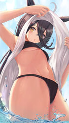  ahoge animal_ears bikini black_bikini black_hair blue_sky blush breasts clothes_lift cloud day female groin hair_between_eyes highres horse_ears horse_girl lifting_own_clothes long_bangs long_hair looking_at_viewer manhattan_cafe_(umamusume) navel outdoors parted_lips partially_submerged partially_underwater_shot shirt shirt_lift sky small_breasts solo stomach swimsuit thurumu umamusume underboob water white_shirt yellow_eyes 