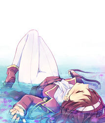  ankle_boots ascot blush boots brown_hair female fingerless_gloves fingernails flower gloves hairband half-closed_eyes holding kanzaki_sumire lying mole mole_under_eye pants parted_lips partially_submerged red_footwear sakura_taisen simple_background solo thigh_gap uniform water wato_(ko) white_ascot white_gloves white_hairband white_pants 