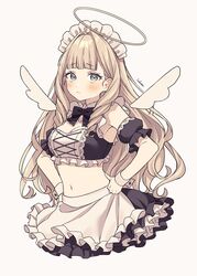  :&lt; absurdres angel angel_wings apron armpits artist_name bad_id bad_twitter_id black_skirt blonde_hair blue_eyes blunt_bangs blush bodice breasts closed_mouth crop_top detached_sleeves detached_wings female frown halo hands_on_own_hips highres juliet_sleeves large_breasts long_hair long_sleeves lq_saku maid maid_headdress midriff navel original petticoat puffy_short_sleeves puffy_sleeves ringlets short_sleeves signature simple_background skirt solo standing stomach upper_body very_long_hair waist_apron white_apron white_background wings wrist_cuffs 