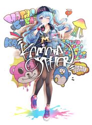  album_cover bad_id bad_twitter_id badge bang_dream! bird black_pantyhose bling blue_hair breast_pocket brick_wall button_badge chains character_print clothes_writing commentary_request cover denim denim_jacket denim_shorts female full_body gold_chain graffiti green_ribbons hair_ribbon hat headphones headphones_around_neck heart holding holding_microphone jacket jellyfish jewelry light_blue_hair long_hair long_sleeves looking_at_viewer matsubara_kanon michelle_(bang_dream!) microphone minori_(faddy) one_eye_closed one_side_up paint_splatter pantyhose patch pendant penguin pink_footwear pocket purple_eyes ribbon shoes short_shorts shorts sideways_hat sneakers socks_over_pantyhose solo standing v-shaped_eyebrows white_pantyhose 