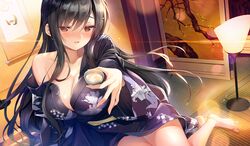  black_hair blush breasts cleavage drink emily game_cg japanese_clothes long_hair marmalade omaezaki_yuu red_eyes sake study_&sect;_steady yukata 