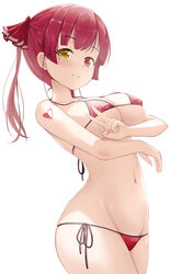  bare_shoulders bikini blush breasts cleavage female hair_ribbon heart heart_tattoo heterochromia highres hololive houshou_marine joko_jmc large_breasts long_hair looking_at_viewer micro_bikini navel red_bikini red_eyes red_hair red_ribbon ribbon side-tie_bikini_bottom sideboob simple_background smile solo string_bikini swimsuit tattoo thighs twintails underboob v virtual_youtuber white_background yellow_eyes 