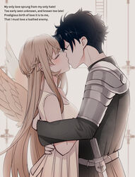  1boy angel_wings belt black_hair braid brown_dress brown_hair closed_eyes commentary_request cosplay couple doromame dress english_text facing_another feathered_wings female from_side highres incest juliet_capulet juliet_capulet_(cosplay) kissing long_hair long_sleeves nakiri_asahi nakiri_erina parody romeo_and_juliet romeo_montague romeo_montague_(cosplay) sheath sheathed shokugeki_no_souma short_hair straight sword upper_body weapon wings 