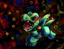  2012 abstract_background absurd_res ambiguous_gender blue_body blue_skin bodily_fluids digital_media_(artwork) drooling drugs feral generation_2_pokemon hallucinating haychel hi_res nintendo open_mouth pills pokemon pokemon_(species) reptile saliva scalie solo spiral_eyes totodile 