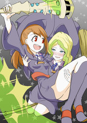  2girls blonde_hair blue_eyes blush broom broom_riding brown_hair commentary_request diana_cavendish flying happy kagari_atsuko little_witch_academia long_hair looking_at_another luna_nova_school_uniform mokuseirokku multicolored_hair multiple_girls red_eyes school_uniform shiny_rod_(little_witch_academia) simple_background skirt smile staff star_(symbol) thighs two-tone_hair uniform wavy_hair yuri 