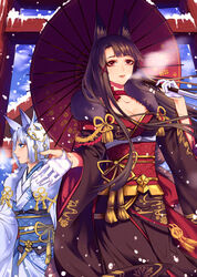  2girls absurdres akagi_(azur_lane) akagi_(plum_and_snow)_(azur_lane) animal_ear_fluff animal_ears arrow_(projectile) azur_lane black_kimono blue_eyes blue_sash brown_hair eyeliner eyeshadow fox_ears fox_girl fox_mask fox_tail fur-trimmed_kimono fur_trim gloves hamaya highres japanese_clothes kaga_(azur_lane) kaga_(white_fox&#039;s_new_year)_(azur_lane) kimono kitsune long_hair looking_at_viewer looking_to_the_side makeup mask mask_on_head mo_jun_liang multiple_girls multiple_tails official_alternate_costume oil-paper_umbrella partially_fingerless_gloves red_eyes red_sash sash short_hair snow tail umbrella white_gloves white_hair white_kimono wide_sleeves 