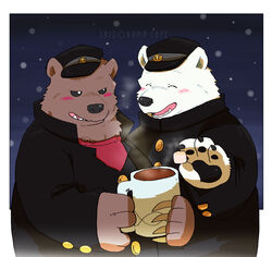  2013 anthro bear blush brown_body brown_fur closed_eyes duo fur grizzly_(shirokuma_cafe) male mammal night outside polar_bear shirokuma shirokuma_cafe shirokumaou slightly_chubby ursine white_body white_fur 