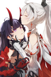  2girls ahoge bare_shoulders closed_eyes commentary_request dress gauntlets gloves grey_hair hair_between_eyes highres honkai_(series) honkai_impact_3rd horn_kiss horns kiana_kaslana kiana_kaslana_(herrscher_of_flamescion) long_hair looking_at_another md5_mismatch multiple_girls ponytail purple_eyes purple_hair raiden_mei raiden_mei_(herrscher_of_thunder) red_gloves simple_background sweat twitter_username upper_body white_background white_dress xuu_shi_times yuri 