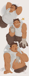  1boy absurdres animal_ears bara blush brown_hair cat_ears clothes_lift collage cropped_legs cup dao_tai_(goo) dark-skinned_male dark_skin earrings facial_hair fang_out gloves goatee_stubble goo_(koushishikou11) grin highres hot jewelry large_hands lifting_own_clothes male_focus mug multiple_views muscular muscular_male navel oerba_yun_fang on_nose original pectoral_cleavage pectorals pencil plump shirt shirt_lift short_hair smile sparkling_sweat sparse_navel_hair stubble sweat thick_eyebrows tied_sleeves very_sweaty white_gloves white_shirt 