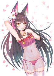  animal_ear_fluff animal_ears arm_behind_head arm_up artist_name azur_lane bare_arms black_hair chemise cocoasabure commentary_request cowboy_shot female finger_to_mouth fox_ears fox_mask highres jewelry lingerie long_hair looking_at_viewer mask mask_on_head nagato_(azur_lane) nagato_(great_fox&#039;s_respite)_(azur_lane) navel necklace official_alternate_costume orange_eyes panties petals red_panties see-through side-tie_panties smile solo thigh_gap thighhighs underwear very_long_hair white_background white_thighhighs 