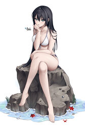  absurdres bare_shoulders bikini black_hair blush breasts cleavage collarbone crossed_legs female full_body hair_between_eyes highres large_breasts legs long_hair original rock side-tie_bikini_bottom sidelocks sitting sitting_on_rock solo starblue starfish swimsuit thighs toes very_long_hair water white_bikini 