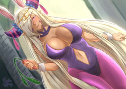  alternate_costume animal_ears asymmetrical_horns bare_shoulders blush breasts carrot circlet cleavage clothing_cutout cowboy_shot detached_collar dragon_girl fake_animal_ears female fire_emblem fire_emblem_engage hair_ornament hair_over_one_eye holding holding_carrot horns large_breasts leotard lips long_hair mature_female navel navel_cutout outdoors pantyhose playboy_bunny pointy_ears purple_eyes purple_ribbon rabbit_ears revealing_clothes ribbon rinku_bny signature smile solo strapless strapless_leotard tan tassel tassel_hair_ornament uneven_horns very_long_hair wrist_cuffs zephia_(fire_emblem) 