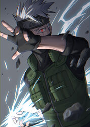  1boy black_gloves chidori_(naruto) commentary debris electricity electrokinesis fingerless_gloves forehead_protector gloves green_vest grey_background hatake_kakashi headband highres konohagakure_symbol looking_at_viewer magic male_focus mask mochi10bi naruto naruto_(series) ninja red_eyes scar scar_across_eye scar_on_face sharingan solo spiked_hair upper_body vest white_hair 