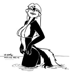  2023 anthro bikini black_and_white clothing ear_piercing ear_ring female fur hair hi_res kelly_o&#039;dor long_hair looking_at_viewer mammal mephitid monochrome partially_submerged piercing ring_piercing skunk solo swimwear tegerio zandar&#039;s_saga 