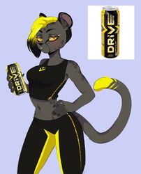  2021 anthro beverage beverage_can biped black_bottomwear black_clothing black_hair black_pants black_topwear blonde_hair blush bottomwear breasts clothed clothing digital_media_(artwork) dipstick_tail drive_(energy_drink) energy_drink eyebrow_piercing eyebrows eyelashes facial_piercing felid female fully_clothed fur grey_body grey_fur hair hi_res holding_beverage holding_object iivochka looking_at_viewer mammal markings midriff multicolored_hair navel pants piercing portrait reference_image solo standing tail tail_markings three-quarter_portrait topwear two_tone_hair yellow_bottomwear yellow_clothing yellow_eyes yellow_pants yellow_tail_tip zipper zipper_clothing zipper_topwear 