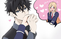  1boy black_hair black_shirt blonde_hair blue_jacket blush breasts commentary_request crossed_bangs diagonal-striped_clothes diagonal-striped_necktie doromame female heart incest jacket kissing kissing_hand large_breasts long_hair long_sleeves looking_at_viewer nakiri_asahi nakiri_erina necktie open_mouth purple_eyes red_necktie school_uniform shirt shokugeki_no_souma short_hair solo_focus straight striped_clothes striped_necktie tootsuki_saryou_ryouri_gakuen_uniform translated 