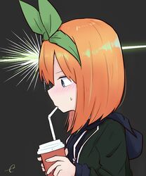  bendy_straw black_background black_hoodie blue_eyes blush commentary_request cup disposable_cup drawstring drinking_straw eyebrows_hidden_by_hair female go-toubun_no_hanayome green_jacket green_ribbons hair_between_eyes hair_ribbon holding holding_cup hood hood_down hoodie indirect_kiss jacket kujou_karasuma long_sleeves looking_away nakano_yotsuba open_clothes open_jacket orange_hair profile ribbon signature solo sweat upper_body 