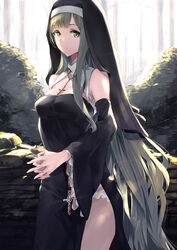  bare_shoulders blonde_hair blush bra bra_peek breasts closed_mouth cowboy_shot cross day detached_sleeves dress english_commentary female frown green_eyes green_hair habit highres interlocked_fingers jewelry lace long_hair long_sleeves looking_at_viewer medium_breasts mille_(dieci) necklace nun original outdoors own_hands_together rosary side_slit solo underwear wall wide_sleeves 