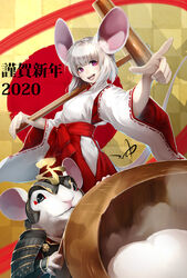  2020 :d animal_ears armor breasts checkered_background chinese_zodiac commentary_request drop_shadow female fingernails food foreshortening highres holding holding_mallet japanese_armor japanese_clothes lips makeup mallet miko mochi mouse_ears mouse_girl new_year niccohudou open_mouth original pink_eyes pointing short_hair signature small_breasts smile solo teeth white_hair wide_sleeves year_of_the_rat yellow_background 