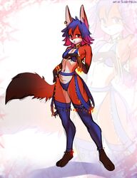  2021 anthro barefoot biped blowup_background blue_hair breasts canid canine ear_piercing ear_ring feet female fox hair heterochromia hi_res lilandria mammal navel piercing ring_piercing simple_background sleepyhelen solo standing 