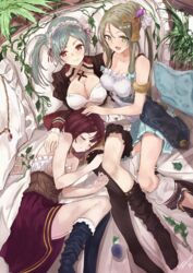  3girls :d ahoge apron aqua_skirt atelier_(series) atelier_lydie_&amp;_suelle atelier_sophie black_legwear blue_hair braid braided_bangs breasts brown_hair closed_eyes commentary_request cushion firis_mistlud from_above green_eyes hair_between_eyes headpat highres large_breasts long_hair lying maid_headdress multiple_girls on_side open_mouth paper parted_lips partial_commentary pillow plant pleated_skirt ponytail qmmparabellum red_eyes short_hair side_ponytail sitting skirt sleeping smile sophie_neuenmuller tess_heitzmann thighhighs thighhighs_pull v-shaped_eyebrows very_long_hair waist_apron white_apron 