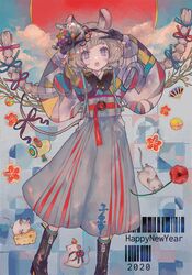  2020 animal_ears ball barcode belt black_footwear black_gloves bob_cut boots braid cha_goma cheese chinese_zodiac commentary_request diagonal_bangs double_v feet_out_of_frame female flower food fruit glass_apple gloves grapes grey_hair hair_ornament hakama hakama_skirt hand_fan hands_up happy_new_year headband highres hip_vent japanese_clothes kimono knee_boots kneehighs long_sleeves looking_at_viewer miracle_mallet mouse_(animal) mouse_ears mouse_tail multicolored_clothes new_year original paper_fan poppy_(flower) puffy_long_sleeves puffy_sleeves purple_eyes ribbon short_hair skirt socks solo tail teeth twin_braids upper_teeth_only v year_of_the_rat zipper 