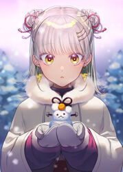  bad_id bad_pixiv_id blurry blurry_background braid braided_bun brown_eyes cheese_earrings coat commentary_request depth_of_field double_bun earrings female freestyle18 fur-trimmed_sleeves fur_trim grey_hair hair_bun hair_ornament hair_ribbon hairclip holding jewelry long_hair long_sleeves looking_at_viewer mittens original parted_lips photoshop_(medium) red_ribbon ribbon snowing solo upper_body white_coat white_mittens 