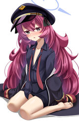  barefoot black_coat black_hat blue_archive blue_shirt blush breasts coat collarbone collared_shirt female grey_eyes hair_between_eyes halo hat highres iroha_(blue_archive) long_hair long_sleeves looking_at_viewer navel off_shoulder open_clothes open_coat open_mouth peaked_cap red_hair shirt sitting small_breasts solo thighs totororo very_long_hair wariza wavy_hair 