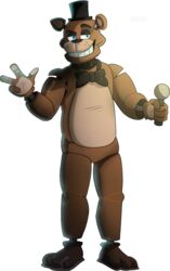  2020 4_fingers alpha_channel animatronic anthro bear blue_eyes bow_tie brown_body calesote514 electronics eyebrows fingers five_nights_at_freddy&#039;s freddy_(fnaf) half-closed_eyes hi_res machine male mammal microphone narrowed_eyes pawpads robot scottgames signature simple_background smile solo teeth transparent_background 