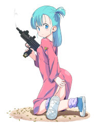  absurdres alternate_breast_size_(smaller) aqua_hair ass blue_eyes blue_shoes breasts bulma_briefs closed_mouth clothes_lift commentary_request dragon_ball dragon_ball_(classic) dress dress_lift female from_behind full_body gun highres holding holding_gun holding_weapon kneeling kuuchuu_yousai long_hair looking_back one_side_up purple_socks shell_casing shoes small_breasts smoke socks solo submachine_gun trigger_discipline uzi v-shaped_eyebrows weapon white_background 