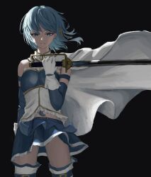  absurdres belt black_background blue_eyes blue_hair blue_skirt cape commentary detached_sleeves female fortissimo gloves hair_ornament highres holding holding_sword holding_weapon magical_girl mahou_shoujo_madoka_magica mahou_shoujo_madoka_magica_(anime) miki_sayaka miki_sayaka_(magical_girl) miniskirt musical_note musical_note_hair_ornament ryo_(r9030397) short_hair simple_background skirt solo soul_gem sword thigh_belt thigh_strap thighhighs weapon white_cape white_gloves 